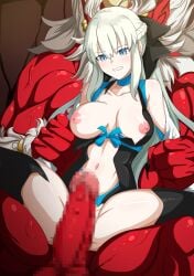 absurdres black_bow blue_eyes bow breasts collarbone colored_skin fate/grand_order fate_(series) hairbow highres imminent_penetration imminent_rape imminent_vaginal large_breasts long_hair morgan_le_fay_(fate) muscular muscular_male navel nipples nivi oni penis ponytail red_skin restrained thighs torn_clothes white_hair