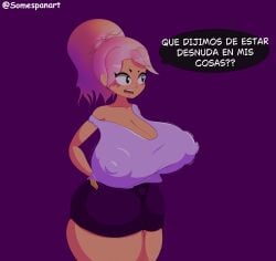 big_breasts big_nipples big_thighs janet_(brawl_stars) nipple_bulge nipples_visible_through_clothing pink_hair purple_background somespanart