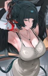 1girls absurdres alternate_costume alternate_hairstyle animal_ears armpits arms_up black_bra black_hair black_jacket bra bra_strap breasts cleavage commentary covered_navel dongtan_dress dress female green_eyes grey_dress highres hood_(james_x) hood_x_art jacket jane_doe_(zenless_zone_zero) jewelry large_breasts looking_at_viewer meme_attire mouse_ears mouse_tail necklace parted_lips pencil_dress solo symbol-only_commentary tail tying_hair underwear zenless_zone_zero