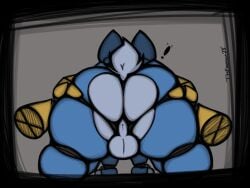 animatronic anthro ass backsack balls big_balls big_butt butt_focus butt_grab disembodied_hand duo emanata exclamation_point femboy five_nights_at_freddy's five_nights_at_freddy's_2 genitals hand_on_butt lagomorph leporid machine male mammal rabbit robot scottgames scut_tail short_tail solo_focus tail thfooxxir toy_bonnie_(fnaf)