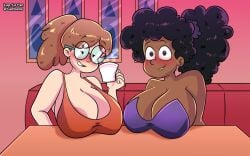2girls belly bikini bikini_top blush bra breasts cleavage clothed clothing david's_mom_(hilda) female female_focus female_only frida's_mom frida's_mom_(hilda) hilda_(series) lup netflix tagme