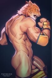 1boy abs animal_mask ass back back_muscles back_view balls bandai_namco bara biceps black_background flaccid flaccid_penis holo_eden human jaguar_mask king_(tekken) male male_focus male_only manly mask masked masked_male muscles muscular muscular_back muscular_male naked nude nude_male penis pose posing pubic_hair side_view solo solo_focus solo_male standing tekken topless underwear underwear_down wrestler wristband yellow_underwear