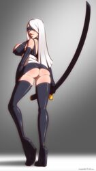 ass breasts cleavage female female_only looking_back nier nier:_automata silver_hair skirt solo svenners thighhighs yorha_a2