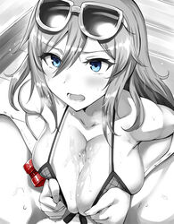 1boy alisa_ilinichina_amiella bangs bare_shoulders belko bikini_top blue_eyes blush breast_squeeze breasts censored collarbone cuffs cum cum_on_body cum_on_breasts cum_on_upper_body eyewear_on_head female god_eater god_eater_burst greyscale hair_between_eyes highres large_breasts lolicept long_hair looking_at_viewer monochrome nipples open_mouth paizuri penis solo solo_focus straight sunglasses