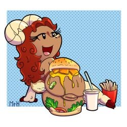 anthro ass big_butt bovid burger caprine el_senor_erizo eyelashes female food food_fetish food_play fries genitals goat hair hi_res mammal nude open_mouth presenting presenting_hindquarters presenting_pussy pussy red_hair smile soda_cup solo