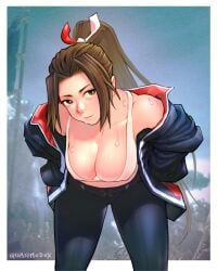 1girls bangs bare_shoulders big_breasts black_jacket black_pants breasts brown_eyes brown_hair clavicle cleavage closed_mouth clothing fatal_fury fatal_fury:_city_of_the_wolves female female_focus female_only hanging_breasts high_ponytail human human_female human_only jacket king_of_fighters leaning_forward light-skinned_female light_skin long_hair looking_at_viewer mai_shiranui mai_shiranui_(city_of_the_wolves) motorcycle_suit open_clothes open_jacket pants ponytail quasimodox smile snk solo solo_female sweat tank_top tied_hair