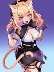 :d ahoge animal_ears asymmetrical_legwear bangs black_gloves blonde_hair blue_background bra breasts cat_ears cat_girl cat_tail claw_pose cleavage cowboy_shot dress eyebrows_visible_through_hair fangs female fur_trim gloves gradient gradient_background hair_ornament hairclip hands_up legwear long_hair looking_at_viewer medium_breasts oerba_yun_fang open_mouth paw_pose red_eyes see-through short_sleeves smile solo squchan_(vtuber) standing tail thigh_strap thighhighs tongue tongue_out vyugen