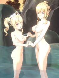 2girls 3d ass barbara_(genshin_impact) bathing black_ribbon blender_(software) blonde_hair blue_eyes breasts female female_only genshin_impact hair_between_eyes hair_ornament hair_ribbon hat headwear holding_hands jean_gunnhildr light-skinned_female light_skin long_hair looking_at_viewer medium_breasts multiple_girls naked nipples nude outdoors pine_nsfw ponytail ribbon rock siblings sideass sidelocks sisters tagme twin_drills twintails water wink winking_at_viewer