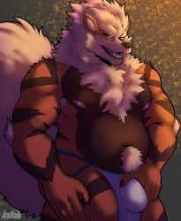 absurd_res anthro anthrofied arcanine artejaxton belly biceps bulge canid canine clothed clothing detailed_bulge digital_media_(artwork) fur generation_1_pokemon genital_outline hand_on_bulge hi_res jockstrap jockstrap_only looking_at_viewer male mammal mature_anthro mature_male musclegut muscular muscular_anthro muscular_male nintendo nipples open_mouth overweight overweight_anthro overweight_male pecs penis_outline pokemon pokemon_(species) pokemorph simple_background smile solo standing tail topless underwear underwear_only