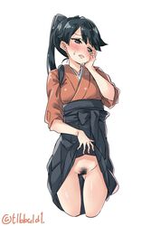 bangs black_bow black_eyes black_hair blush bow cowboy_shot cropped_legs ebifurya eyebrows_visible_through_hair female hairbow hakama hakama_lift hand_on_own_cheek hand_up highres houshou_(kantai_collection) japanese_clothes kantai_collection lifted_by_self long_hair looking_to_the_side no_panties open_mouth ponytail pubic_hair pussy_juice simple_background solo sweat tasuki twitter_username white_background