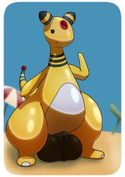 2025 ampharos anthro balls beach big_balls biped black_eyes day eyelashes forehead_gem froggkingg gem generation_2_pokemon genitals hi_res huge_balls male mouth_closed nintendo outside pokemon pokemon_(species) red_gem sand solo standing tail umbrella yellow_body