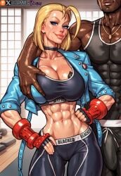 1girl1boy abs ai_generated arrogant bigger_male bimbo blacked blacked_clothing blonde_female blonde_hair blonde_hair_female boxing_gloves bulge bulge_through_clothing cammy_white cammy_white_(street_fighter_6) capcom choker corruption couple crotch_bulge dark-skinned_male faceless_male female female_focus gameofbimbos grabbing_breasts grabbing_from_behind gym gym_uniform hand_on_breast interracial interracial_couple leggings male muscular_female netorare ntr offscreen_male pale-skinned_female queen_of_spades smaller_female smug smug_expression smug_face smug_grin smug_smile sports_bra sportswear squeezing_breast street_fighter tattoo tattoo_on_chest toned toned_body toned_female toned_stomach