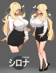 1girls alternate_costume bare_legs black_footwear blockyhaze blonde_hair blue_eyes breasts character_name collared_shirt creatures_(company) cynthia_(pokemon) finger_to_own_chin game_freak glasses grey_background hair_ornament hair_over_one_eye high_heels highres jewelry large_breasts legs long_hair long_sleeves miniskirt nintendo office_lady parted_lips pencil_skirt pokemon pokemon_dppt ring shirt sidelocks skirt surprised teacher tight_clothes variations white_shirt