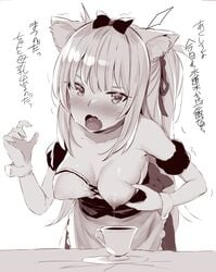 animal_ears azur_lane blush breasts cat_ears collarbone cup cute_fang female hair_ribbon hammann_(azur_lane) lactation long_hair looking_at_viewer medium_breasts monochrome noripachi open_mouth plate ribbon solo table teacup translation_request trembling white_background