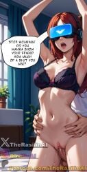 ai_generated blindfold bra english english_text gaming navel open_mouth penis pussy pussy_juice rasilinai red_hair sex sex_while_gaming stable_diffusion tagme teeth text text_bubble tongue vaginal_penetration virtual_reality vr_headset waist_grab