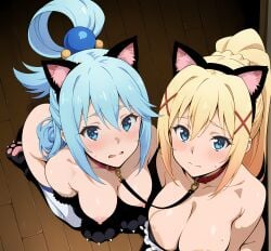 2girls ai_generated aqua_(konosuba) blonde_female blonde_hair blue_eyes blue_hair blush blush_lines collar darkness_(konosuba) eogard_orc fake_cat_ears fake_paws flustered high_ponytail huge_breasts kono_subarashii_sekai_ni_shukufuku_wo! konosuba leash leash_and_collar leashed_together looking_at_viewer medium_breasts on_floor on_knees paws petplay self_upload stable_diffusion submissive_female viewed_from_above wooden_floor