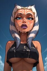 1girls ahsoka_tano ai_generated alien bare_shoulders big_breasts bimbo bimbo_lips bimbofication breasts clone_wars colored_skin cum cum_in_mouth face_markings facial_tattoo goldencharacters hi_res humanoid indoors jedi lipstick lucasfilm markings micro_bikini montrals orange_skin sleeveless solo star_wars star_wars_rebels tentacle_hair togruta underboob