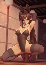 1girls armpits arms_above_head arms_behind_head arms_up ass ass_visible_through_thighs blue_eyes blunt_bangs blush breasts brown_hair brown_leotard brown_thighhighs bunny_girl bunnysuit cleavage deilan12 eevee eevee_(cosplay) elbow_gloves eyelashes eyeshadow fake_animal_ears fake_tail feet fur_collar hair_ornament headdress heroine_(pokemon_conquest) highleg_leotard highlights kneeling lantern large_breasts leotard lips lipstick long_bangs long_hair looking_at_viewer multicolored_hair nose nose_blush playboy_bunny pokemon pokemon_conquest ponytail roncostar shiny_clothes smile spread_legs swept_bangs thick_thighs thighhighs thighs toes very_long_hair wide_hips wooden_floor