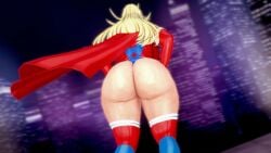 3d 3d_render ass back_view big_ass blonde_hair cape city city_background cityscape from_behind gloves huge_ass koikatsu long_gloves low_angle miya_ozaka original original_character public red_thighhighs solas_(artist) superhero superhero_costume superheroine thigh_highs