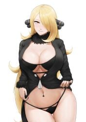 big_breasts bikini blonde_hair breasts cleavage closed_mouth clothes_lift coat cynthia_(pokemon) edit fook_(gcts5284)_(artist) fur_collar game_freak hair_ornament hair_over_one_eye huge_breasts jewelry light-skinned_female long_hair looking_at_viewer nail_polish navel navel_piercing nintendo no_pants one_eye_covered piercing pokemon pokemon_dppt solo spade spade_navel_piercing subtle swimsuit thigh_gap very_long_hair white_female yellow_eyes