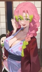 1girls 2girls asa_no_ha_(pattern) braid breasts cleavage collarbone floral_print gradient_hair green_eyes green_hair hand_up highres hood_(james_x) hood_x_art japanese_clothes kamado_nezuko kanroji_mitsuri kimetsu_no_yaiba kimono large_breasts long_hair long_sleeves looking_at_viewer mole mole_under_each_eye mole_under_eye multicolored_hair multiple_girls multiple_moles open_mouth pink_hair purple_kimono smile twin_braids