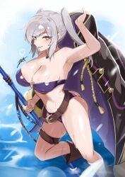 1girls alternate_costume bare_shoulders beach belt bikini blush breasts brown_belt brown_eyes brown_gloves cleavage coat collarbone female fire_emblem fire_emblem_awakening fire_emblem_heroes gloves grey_hair holding_trident jacket jacket_on_shoulders long_hair looking_at_viewer navel nintendo o-ring o-ring_bikini official_alternate_costume polearm purple_bikini purple_swimsuit robin_(female)_(summer)_(fire_emblem) robin_(fire_emblem) robin_(fire_emblem)_(female) sand silver_hair smile solo swimsuit thigh_belt trident twintails underboob wariza water weapon wet white_hair zet_(twt_zet)