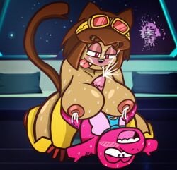 1boy 1girls blushing breasts breasts_out catgirl cum cum_in_mouth cum_on_breasts cum_on_face female functionally_nude gameoverse glitch_productions gobbles_(gameoverse) interspecies jackjonny201 kit_(gameoverse) looking_at_another looking_pleasured milk milking on_the_floor open_mouth size_difference sweating tongue_out