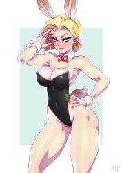 android_18 ass ass athletic_female big_breasts big_breasts blonde_hair blue_eyes breasts breasts bunny_ears bunny_tail bunnysuit dragon_ball_z female female_only huge_boobs huge_breasts kajinman legs legs_spread light-skinned_female light_skin lipstick massive_breasts muscular muscular_female squeezing squeezing_breast yellow_hair