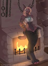 anthro blonde_hair blue_eyes bottomwear bottomwear_down bottomwear_pull bra braided_hair caracal caracal_(genus) clothed clothing clothing_pull errokioslem facial_piercing felid feline female fireplace full-length_portrait genitals glowing glowing_eyes hair hi_res holding_clothing holding_object holding_panties holding_underwear inside jewelry leather leather_bottomwear leather_clothing leather_pants looking_at_viewer mammal nose_piercing nose_ring panties pants pants_down pants_pull partially_clothed pendant piercing portrait pussy ring_piercing suggestive_pose three-quarter_view underwear