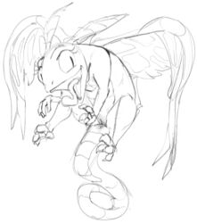 2017 blizzard_entertainment brightwing claws derp_eyes dotkwa dragon faerie_dragon fairy female feral greyscale heroes_of_the_storm long_tongue midair monochrome nude open_mouth pussy simple_background sketch solo tongue tongue_out white_background wings