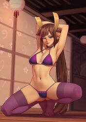 armpits arms_above_head arms_behind_head arms_up ass ass_visible_through_thighs bikini blue_eyes blunt_bangs blush bra breasts brown_hair choker cleavage deilan12 eyelashes eyeshadow feet hair_ornament headdress heroine_(pokemon_conquest) highlights kneeling lace_trim lantern large_breasts lingerie lips lipstick long_bangs long_hair looking_at_viewer multicolored_hair navel nose nose_blush panties pokemon pokemon_conquest ponytail purple_bra purple_panties purple_thighhighs roncostar smile spread_legs string_bikini string_panties swept_bangs thick_thighs thighhighs thighs thong toes very_long_hair wide_hips wooden_floor