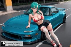 ai_generated aqua_hair bangs bare_shoulders bikini bikini_top_only black_skirt blue_eyes bra breasts bulma_briefs bulma_briefs car cleavage dragon_ball female frenzyai full_body ground_vehicle large_breasts long_hair looking_at_viewer motor_vehicle navel one_side_up open_mouth outdoors patreon pleated_skirt red_bikini shoes skirt smile sneakers solo sports_car swimsuit thighhighs vehicle_focus white_thighhighs