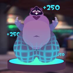 anthro artist_request bear belly big_belly blush epic_games female fortnite fur glowing hailey_png hi_res inflation mammal navel overweight purple_body purple_fur raven_team_leader shadow_face shield_potion slightly_chubby slurp_juice solo thick_thighs