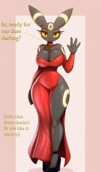 1girls 4_fingers ai_generated anthro big_ass big_breasts curvy curvy_female game_freak half-closed_eyes heels hi_res high_heels mature mature_female pokémon_(species) pokemon pokemon_(species) r-mk_style red_clothing red_dress seaart.ai sfw sleeveless_dress sleeves slim_waist smile smiling_at_viewer solo solo_female solo_focus tail talking talking_to_viewer tall_female text thick_thighs umbreon waving waving_at_viewer yellow_sclera