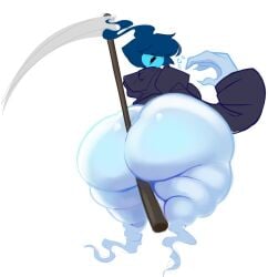 1girls 2023 ass big_ass big_hands big_thighs blue_body bottom_heavy bottomless breasts color curvy curvy_female emmi_(sewerseraph) english_text female female_only ghost ghost_girl heart holding_object holding_object_between_buttocks holding_weapon huge_ass long_sleeves medium_hair open_mouth rear_view scythe sewerseraph shiny_skin solo solo_female tagme text thick_thighs thighs tongue white_background