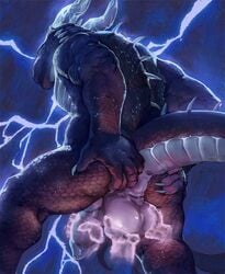 2017 5_fingers animal_genitalia anthro anus ass ball_fondling balls beige_penis big_balls claws disembodied_hand dragon erection eyrich fondling grope hand_on_butt handjob hi_res horn humanoid_hands knot lighting long_tail looking_at_viewer looking_back looking_down male male_only nude penis presenting presenting_hindquarters rear_view redrosid scales scalie sex sharp_claws snout solo solo_focus spikes spread_ass spread_legs spreading standing tan_balls thick_tail thick_thighs white_claws white_horn