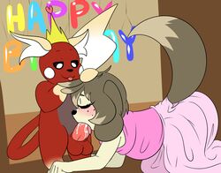 2017 2boys alternate_color anthro birthday blush canine closed_eyes clothed clothing crossdressing digital_media_(artwork) duo erection eyelashes fellatio feral furry gay girly hair interspecies makeup male male_only mammal nintendo open_mouth oral original_character penetration penis percey pokémon_(species) pokemon pokemon_(species) raichu rodent sex sucking sweetchu testicles tongue video_games