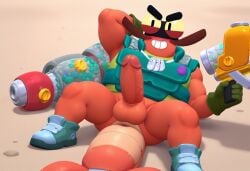 ai_generated anthro arm_behind_head brawl_stars civitai clancy_(brawl_stars) crustacean huge_cock laying_on_back laying_on_ground lobster lobster_humanoid lobster_tail male male_only paintball_gun smiling tail vest