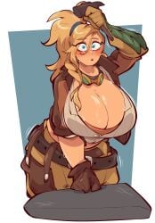 1female 1girls blonde_hair blue_eyes blush blush_lines female gemma_(monster_hunter_wilds) monster_hunter monster_hunter_wilds ponytail saucymojo solo solo_female solo_focus sweat sweatdrop sweaty sweaty_body tagme twitter_link