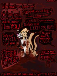 ableism ableist absurd_res ambiguous_gender anthro blood blood_puddle bodily_fluids claw_(weapon) claws crying dialogue english_text gore gore_focus heart_(anatomy) heart_(organ) hi_res jackrabbit_(artist) kneeling mammal melee_weapon mephitid organs self-harm signature skunk solo speech_bubble tears text vent vent_art weapon whiskers