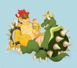 2boys anal anal_sex anthro anthro_on_anthro arm_support atta_catto balls ballsack blue_background bowser claws crown duo erection furry furry_male furry_only gay gay_sex genitals green_skin horns king king_koopa koopa looking_at_another male male/male mario_(series) mature mature_anthro mature_male nintendo penis penis_in_anus red_hair reptile royalty scalie selfcest sex sharp_claws shell sitting spiked_shell spikes stroking_penis tail the_super_mario_bros._super_show! turtle_shell