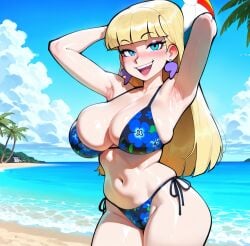 1girls ai_generated armpits arms_above_head beach beachball bikini blonde_hair blue_eyes earrings female gravity_falls huge_breasts long_hair navel pacifica_northwest solo stable stable_diffusion