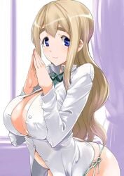 1girls artist_request big_eyebrows blonde_hair blue_eyes cleavage k-on! no_bra pressing_breasts_together side-tie_panties smiling_at_viewer tagme tsumugi_kotobuki_(k-on!) unbuttoned_shirt