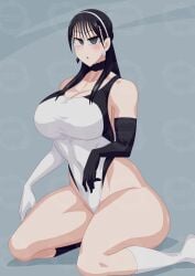 ass ass_visible_through_thighs big_breasts big_thighs black_eyes black_glove black_hair black_legwear earring japanese_text kamen_rider kamen_rider_geats_(series) large_breasts large_thighs long_hair looking_at_viewer otokam1117 text thick_thighs thighs tsumuri_(kamen_rider_geats) white_glove white_legwear