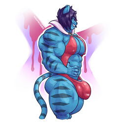 anthro bara blue_penis bulge clothing feline humanoid_penis male male_only mammal muscular muscular_male nipple_bulge penis smile solo sxf-pantera sxfpantera tight_clothing