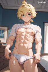 1boy abs ai_generated anime_style ashieai bed bedroom biceps blonde_hair blue_eyes boner dick erection genshin_impact male male_focus male_only mika_(genshin_impact) muscles muscular muscular_male naked naked_male nipples nude nude_male smooth_skin standing uncensored underwear white_bikini_bottom white_shirt