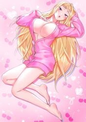 :o big_breasts blonde_hair breasts busty_female cleavage commentary_request dosanko_gal_wa_namara_menkoi feet female fingernails full_body fuyuki_minami gyaru hand_on_own_head heart heart_background highres ikada_kai jacket large_breasts legs long_fingernails long_hair looking_at_viewer lying nail_polish naked_jacket official_art on_back open_mouth partially_unzipped pink_background pink_jacket purple_eyes raised_eyebrows short_bangs solo toenail_polish voluptuous_female