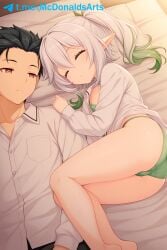 1boy 1boy1girl 1girl 1girl1boy 1girls ai_generated black_hair brown_eyes closed_eyes female genshin_impact green_panties hair_slicked_back nahida_(genshin_impact) natsuki_subaru re:zero_kara_hajimeru_isekai_seikatsu short_hair sleeping sleeping_together white_hair zelanell