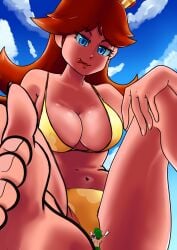 ! 1boy 1girls bikini bikini_bottom bikini_top blue_eyes blue_sky brown_hair clothing clouds crown duo enormous_breasts eyelashes feet female giant giantess green_hat green_swimming_trunks gtsleuth hat huge_breasts huge_feet larger_female light-skinned_female light-skinned_male light_skin looking_down_at_another looking_up_at_another luigi male male/female mario_(series) navel nintendo outdoors princess princess_daisy royalty seductive seductive_smile size_difference smaller_male sunscreen tongue tongue_out voluptuous voluptuous_female yellow_bikini yellow_bikini_bottom yellow_bikini_top