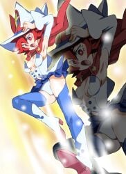 boots cape chariot_du_nord commentary_request female female female_only hat inazuma_kick little_witch_academia onnaski panties photoshop_(medium) red_eyes red_hair shiny_chariot skirt solo thigh_boots thighhighs underwear upskirt white_panties witch witch_hat zoom_layer